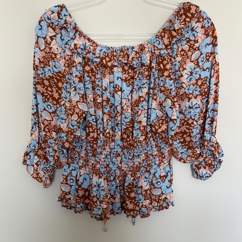 Free People Blouse Blue Brown M Floral Smocked Back Ruffle V-Neck Tie Boho Top - Picture 8 of 8